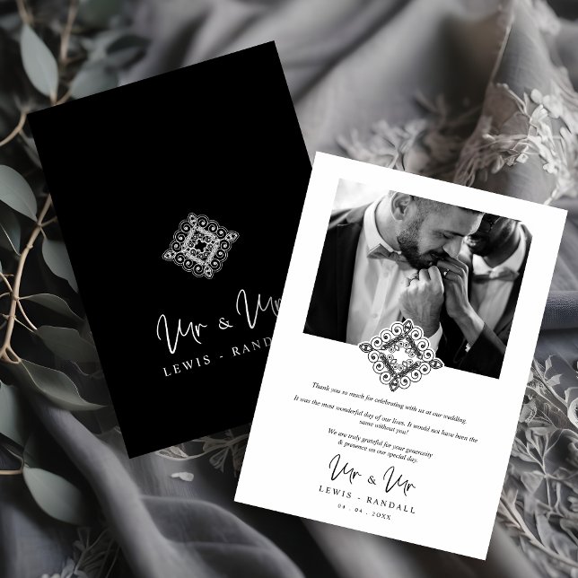 Cartão De Agradecimento Black & White Mr & Mr Ornamental Flourish Photo (Black & White Mr & Mr Ornamental Flourish Photo Gay LGBT Wedding Thank You Card with Envelope.)