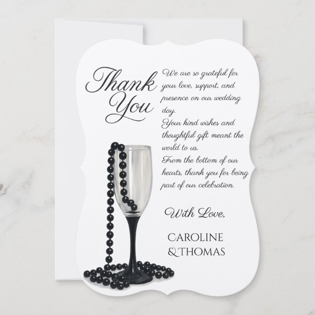 Cartão De Agradecimento Black & White Pearl Champagne Glass Wedding (Frente)