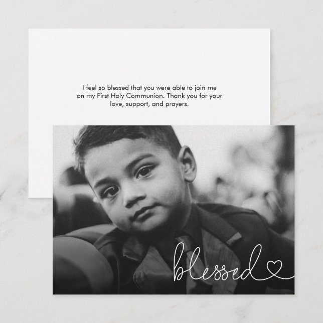 Cartão De Agradecimento Blessed Heart Script Minimal Photo First communion (Frente/Verso)