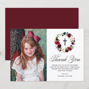 Cartão De Agradecimento Blue and Burgundy Floral Wreath First Communation