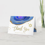 Cartão De Agradecimento Blue and Gold Geode | Bat Mitzvah or Bar Mitzvah<br><div class="desc">This elegant,  modern Bat Mitzvah or Bar Mitzvah thank you card features trendy blue watercolor geode stones with faux gold handwritten script,  Star of David,  and accents.</div>