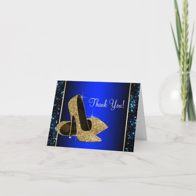 Cartão De Agradecimento Blue and Gold High Heel Shoe Thank You (Frente)