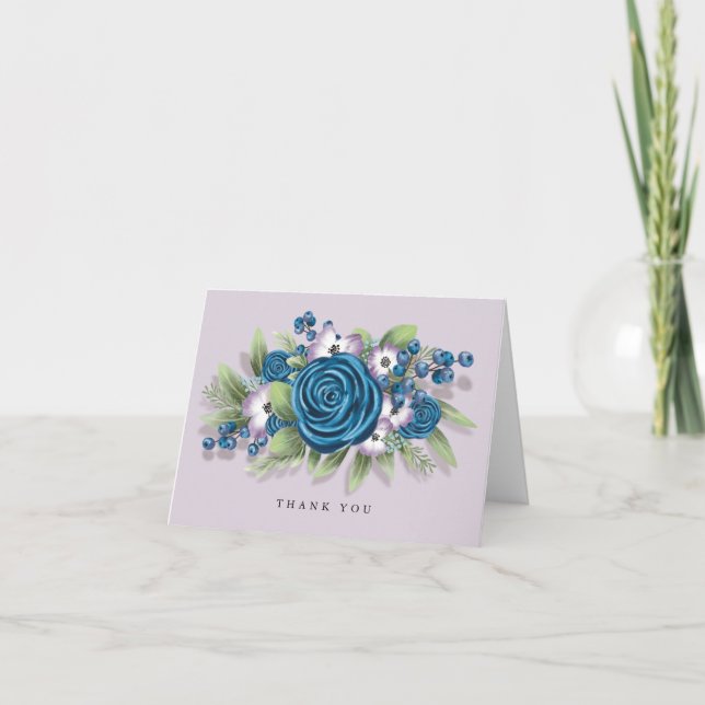 Cartão De Agradecimento Blue and Lilac Flowers with Blueberries Wedding (Frente)