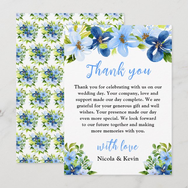 Cartão De Agradecimento Blue and Navy Flowers with Foliage  (Frente/Verso)