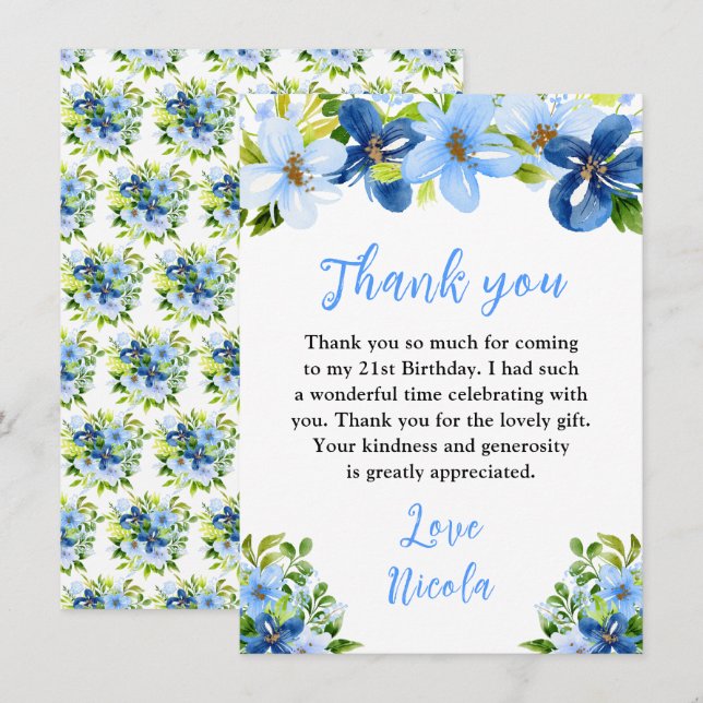 Cartão De Agradecimento Blue and Navy Flowers with Foliage Birthday (Frente/Verso)