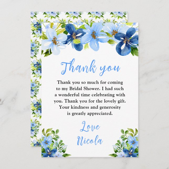 Cartão De Agradecimento Blue and Navy Flowers with Foliage Bridal Shower (Frente/Verso)