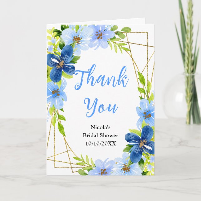 Cartão De Agradecimento Blue and Navy Flowers with Foliage Bridal Shower (Frente)