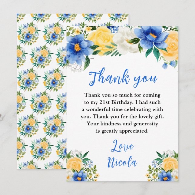 Cartão De Agradecimento Blue and Yellow Floral Birthday (Frente/Verso)