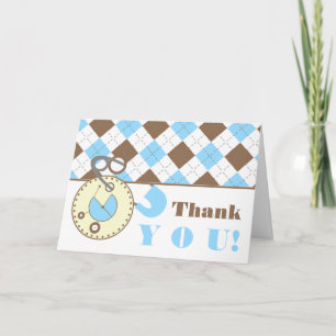 Cartão De Agradecimento Blue Baby Shower Thank You -Diaper Pin & Argyle