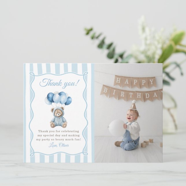 Cartão De Agradecimento Blue Balloons Teddy Bear Birthday Thank You Card (Em pé/Frente)