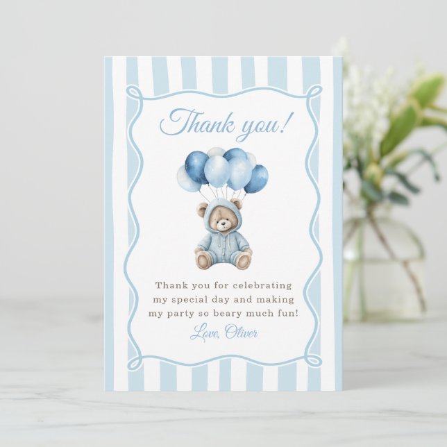 Cartão De Agradecimento Blue Balloons Teddy Bear Birthday Thank You Card (Em pé/Frente)