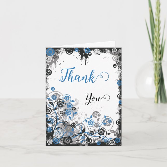 Cartão De Agradecimento Blue & Black Splatter Floral Thank You Card (Frente)