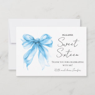 Cartão De Agradecimento Blue Bow Coquette Script Doce 16 Obrigado