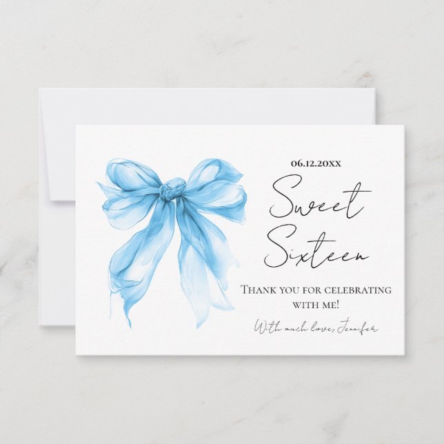 Cartão De Agradecimento Blue Bow Coquette Script Doce 16 Obrigado  (Frente)