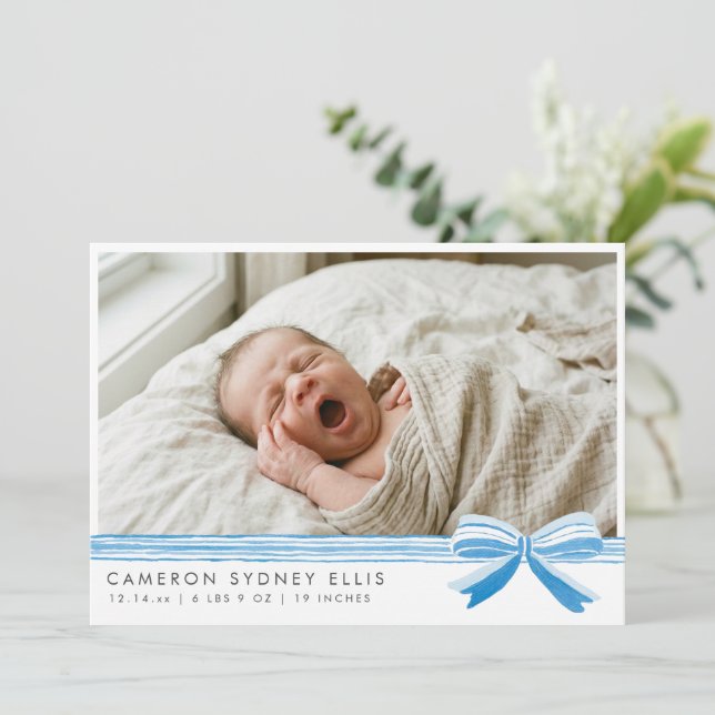 Cartão De Agradecimento Blue Bow Modern Minimalist Script Baby Photo Birth (Em pé/Frente)