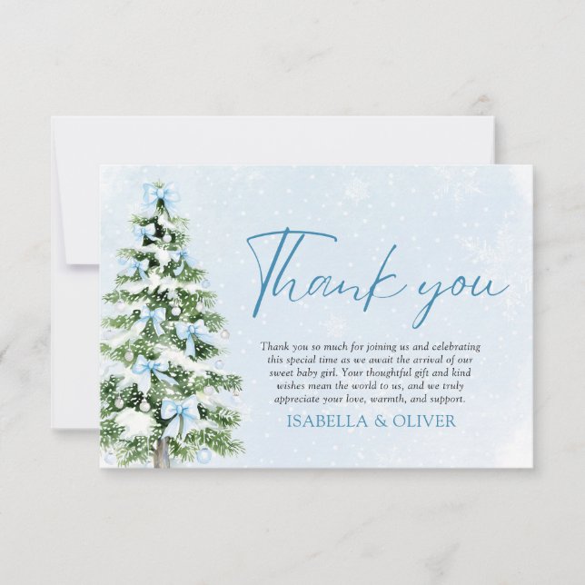 Cartão De Agradecimento Blue Bows Christmas Tree Winter Thank you card (Frente)