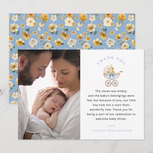 Cartão De Agradecimento Blue Carriage Photo Baby Shower Thank You Card (Frente/Verso)