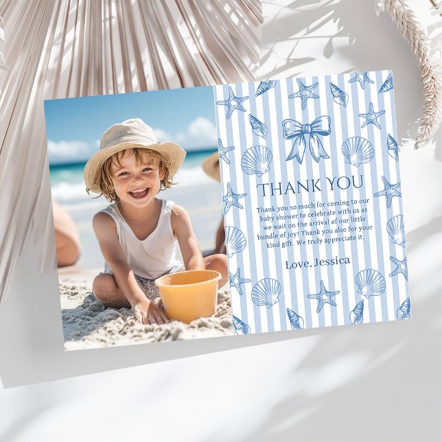 Cartão De Agradecimento Blue Coquette Seashells Baby Shower Photo (Criador carregado)