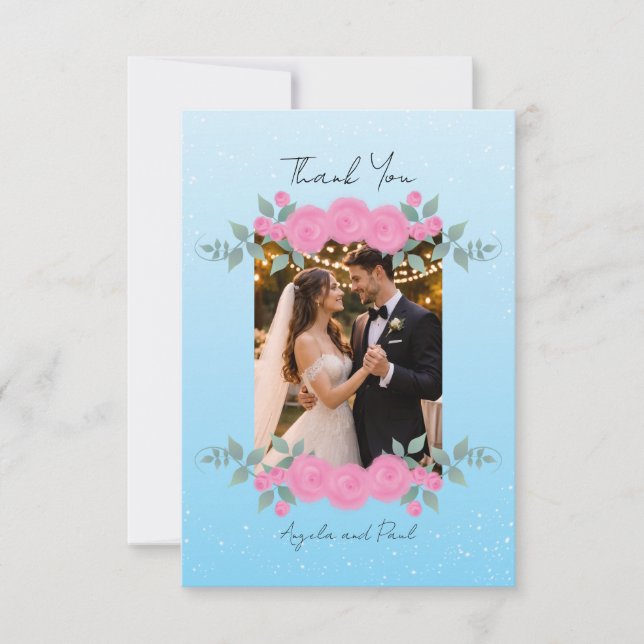 Cartão De Agradecimento Blue Custom Photo Wedding Thank You Card Flat (Frente)