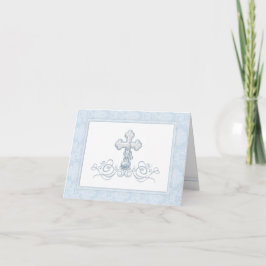 Cartão De Agradecimento Blue Damask Cross Baptism Thank You Cards