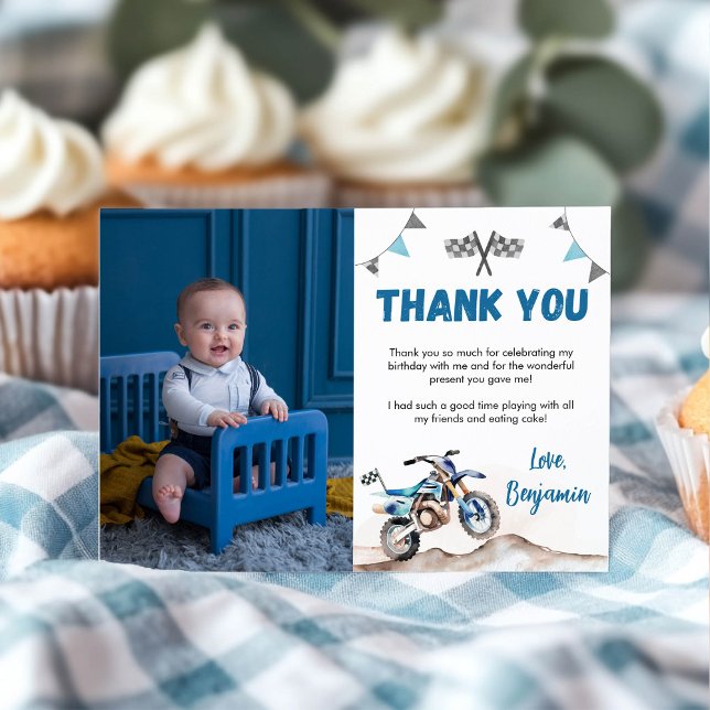Cartão De Agradecimento Blue Dirt Bike Boy Birthday Party Photo (Criador carregado)