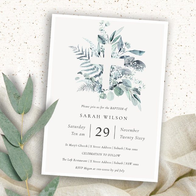 Cartão De Agradecimento Blue Eucalyptus Fern Foliage Cross Baptism Invite (Criador carregado)