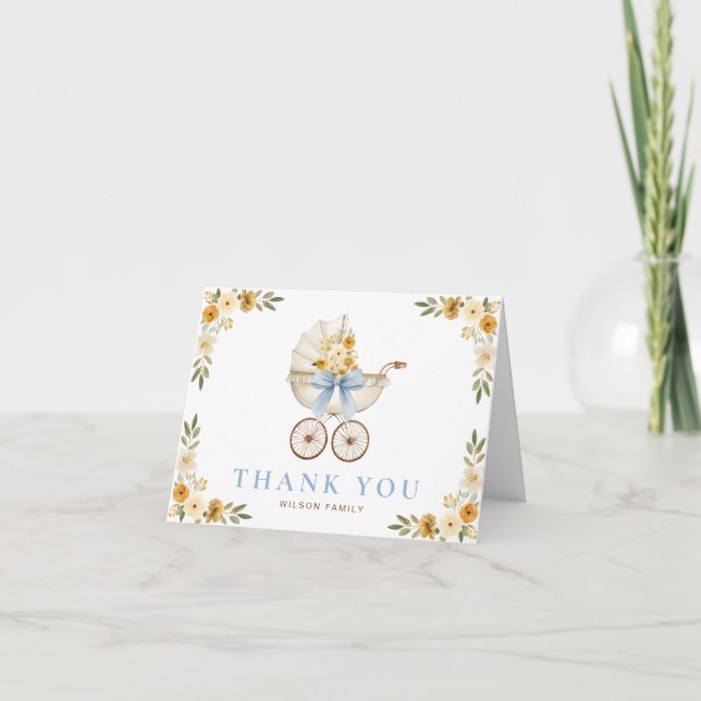 Cartão De Agradecimento Blue Floral Carriage Baby Shower Thank You Card (Frente)
