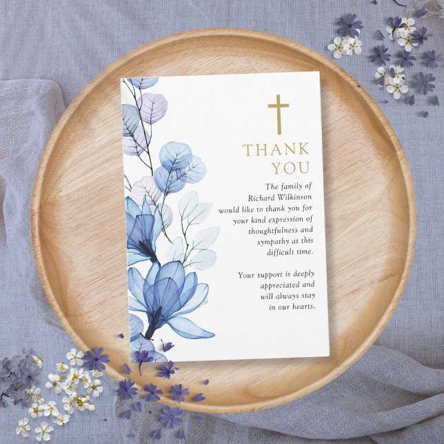 Cartão De Agradecimento Blue Floral Christian Celebration Of Life Funeral (Blue Floral Christian Celebration Of Life Funeral Thank You Card)