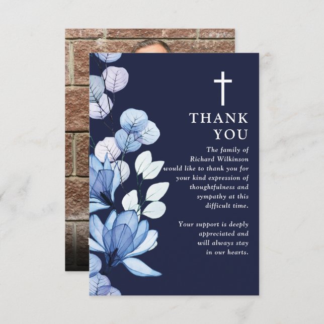 Cartão De Agradecimento Blue Floral Christian Celebration Of Life Photo (Frente/Verso)