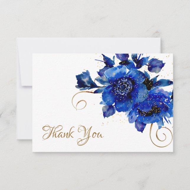 Cartão De Agradecimento Blue Floral Dourado Swirl Casamento Obrigado (Frente)