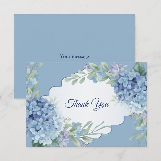 Cartão De Agradecimento Blue Floral Green Leaves Frame Elegant Wedding (Frente/Verso)