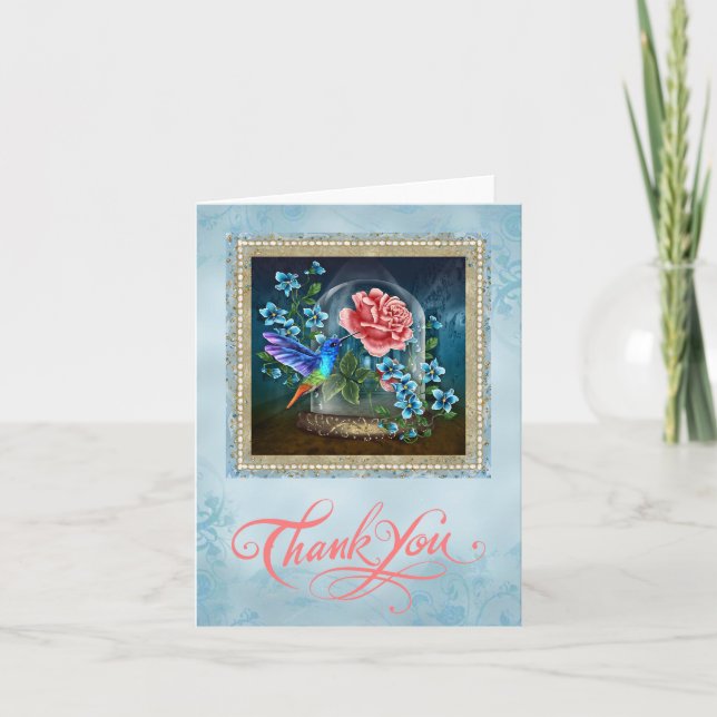Cartão De Agradecimento Blue Floral Hummingbird Thank You Card (Frente)