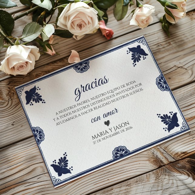 Cartão De Agradecimento Blue Floral Otomi Simple Fiesta Spanish Wedding (Blue Floral Otomi Simple Fiesta Spanish Wedding Thank You Card)