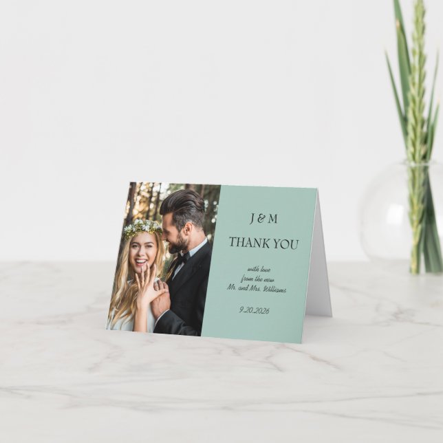 Cartão De Agradecimento Blue Floral Photo Wedding Thank You (Frente)