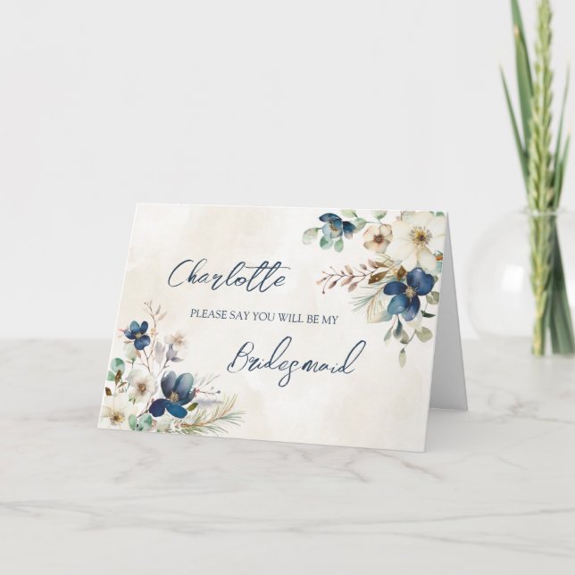 Cartão De Agradecimento Blue Floral Wedding Bridesmaid Proposal Card (Frente)