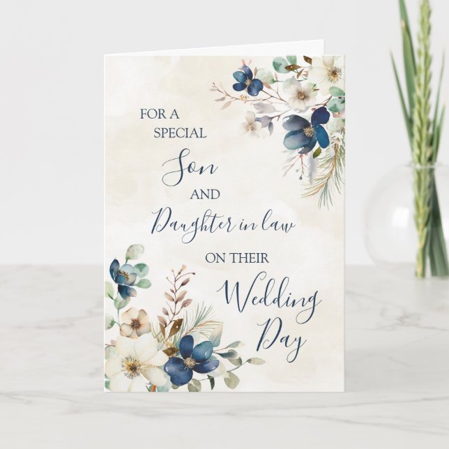Cartão De Agradecimento Blue Floral Winter Wedding Day Son Daughter in Law (Frente)