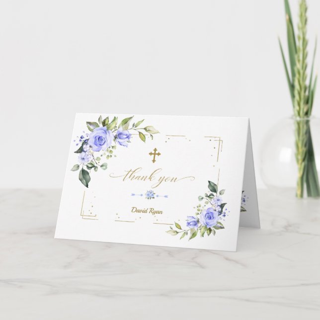 Cartão De Agradecimento Blue Flowers Gold Glitter Cross Boy Baptism (Frente)