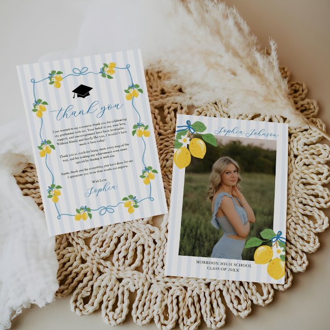 Cartão De Agradecimento Blue Freshly Lemon Citrus Graduation Party (Criador carregado)