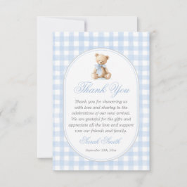 Cartão De Agradecimento Blue Gingham Bear Grand millennial