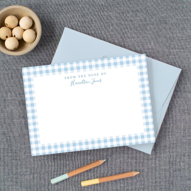 Cartão De Agradecimento Blue Gingham Check Personal Stationery (Sweet baby blue gingham check with a matching blue envelope.)