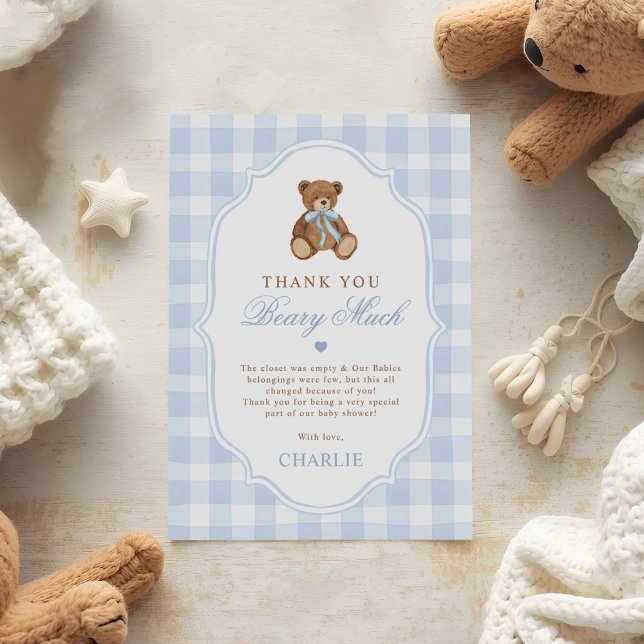 Cartão De Agradecimento Blue Gingham Elegant Teddy Bear Baby Shower (Criador carregado)