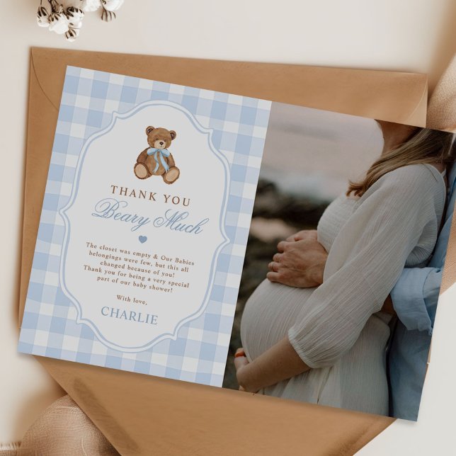 Cartão De Agradecimento Blue Gingham Elegant Teddy Bear Baby Shower Photo (Criador carregado)