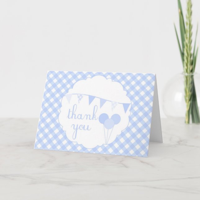 Cartão De Agradecimento Blue Gingham Party Banner Balloons Thank You Card (Frente)