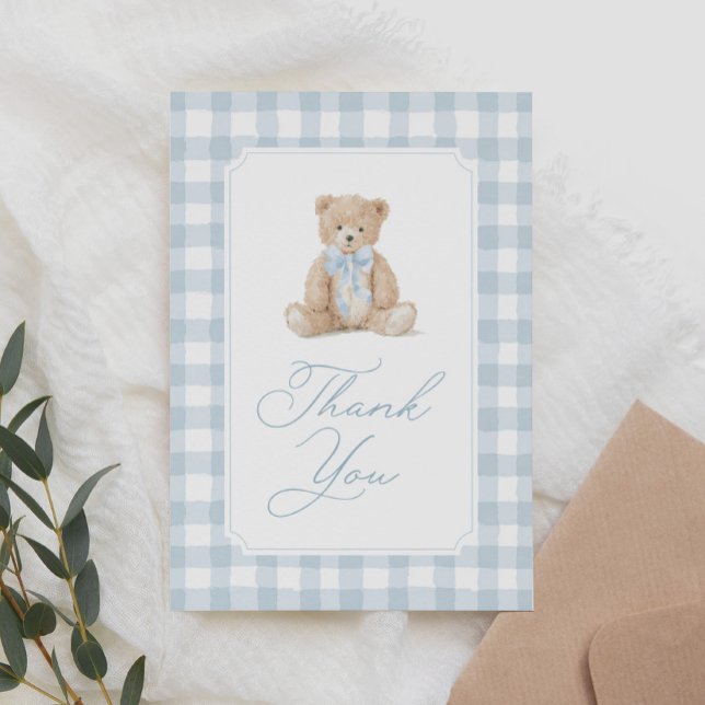 Cartão De Agradecimento Blue Gingham Teddy Bear Baby Shower (Criador carregado)