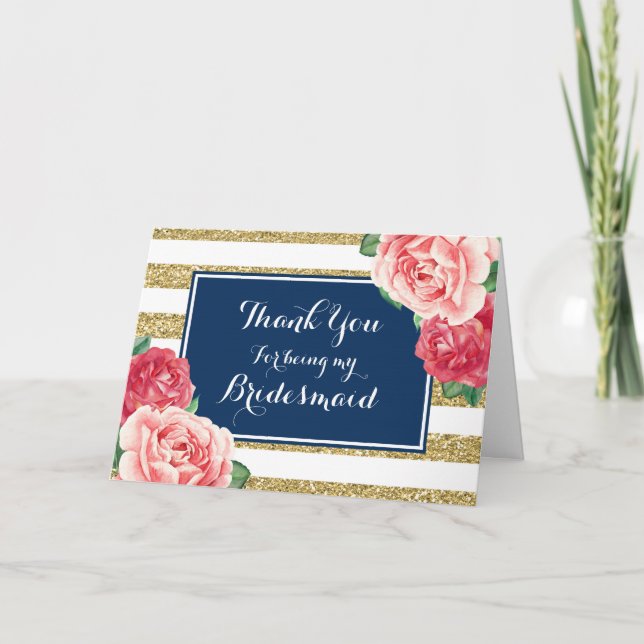 Cartão De Agradecimento Blue Gold Stripes Pink Floral Thanks Bridesmaid (Frente)
