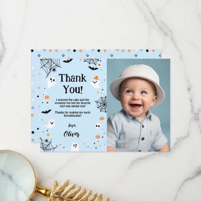 Cartão De Agradecimento Blue Halloween Ghost Thank You Card (Frente/Verso In Situ)