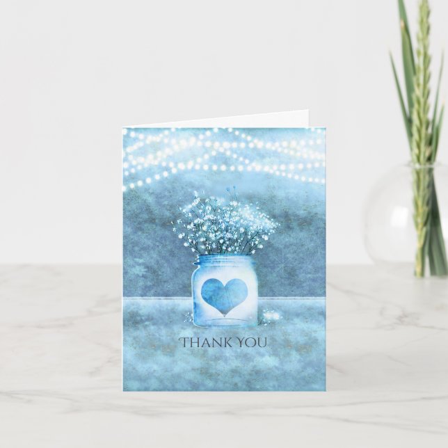 Cartão De Agradecimento Blue Heart Mason Jar & Baby's Breath Thank You (Frente)