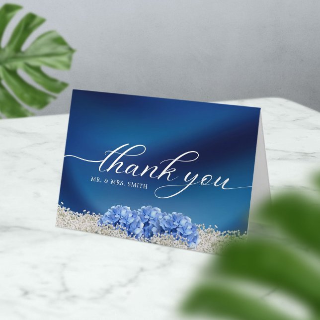 Cartão De Agradecimento Blue Hydrangea Flower Navy Blue Wedding Thank You (Criador carregado)