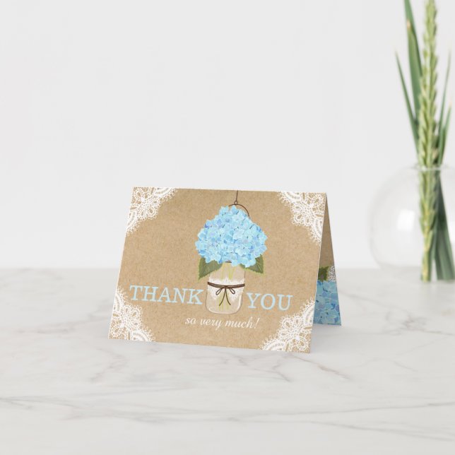 Cartão De Agradecimento Blue Hydrangeas Lace Kraft Rustic Modern Obrigado (Frente)