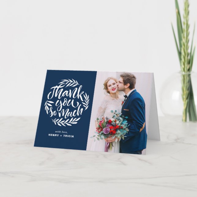 Cartão De Agradecimento Blue | Lettering Wreath Wedding Thank You Card (Frente)